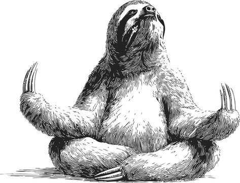 Calm sloth meditating in a yoga pose, monochrome sketch style. Vector illustration