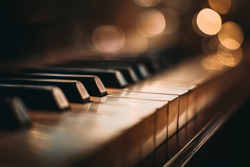 A close-up shot of piano keys, displaying light and shadows, suggesting music and elegance.