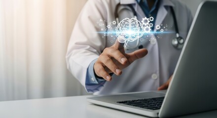A doctor is using a laptop with a digital brain interface, representing advancements in medical technology and healthcare