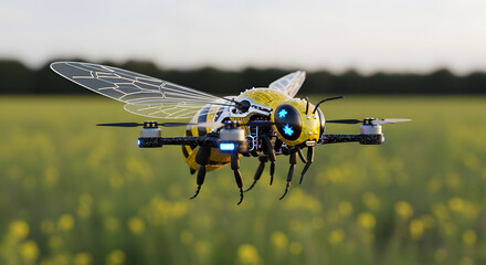 Hyper realistic metallic bee drone hovering over meadow in clean natural composition
