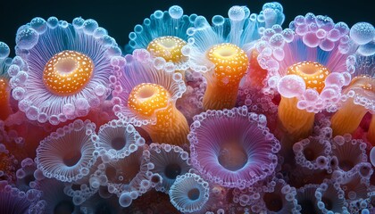 A microscopic closeup view of vibrant fungi structures with diverse shapes and colors