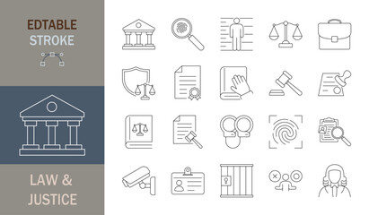 Law and justice icon set. Editable line icons. Vector illustration.