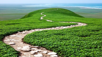Obraz premium Green Hill with Path to Ocean