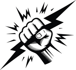 "Power Fist Holding Lightning Bolt Vector – Electric Strength Symbol Illustration.

