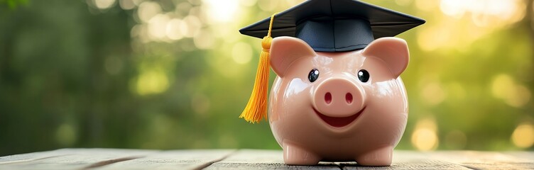 A piggy bank donning a graduation cap illustrates the concept of investing in education and the importance of saving for academic goals