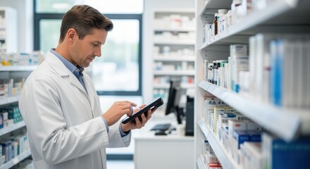 Pharmacist conducting stock check with handheld digital tool in dispensary.