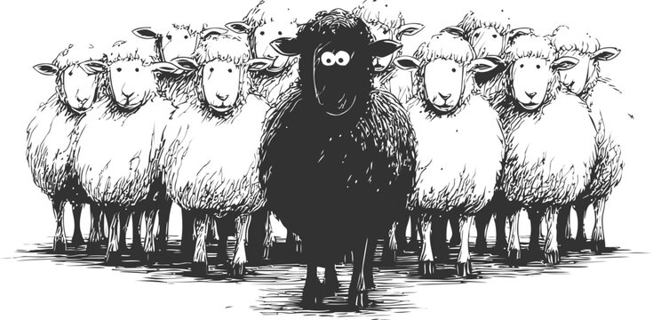 Black sheep standing out among white sheep in black and white sketch style. Vector illustration