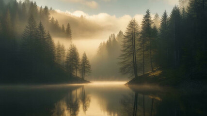 Fototapeta premium Sunlit Forest Landscape with Golden Rays of Light
