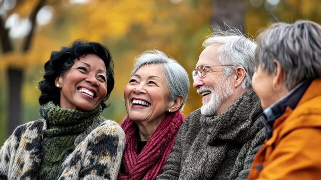 Multiracial senior friends share laughter and joy during a peaceful afternoon outdoors, Portrait happy multiracial senior friends relaxing and chatting in the park