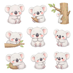 Fototapeta premium Adorable Koala Collection: A charming compilation of cuddly koalas, showcasing their endearing features and playful personalities in a captivating illustration.