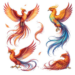 Obraz premium Phoenix Fantasy: An artistic rendering of vibrant Phoenix, a legendary bird of fire. Showcasing its resplendent plumage and dynamic poses that evokes a sense of rebirth and strength.