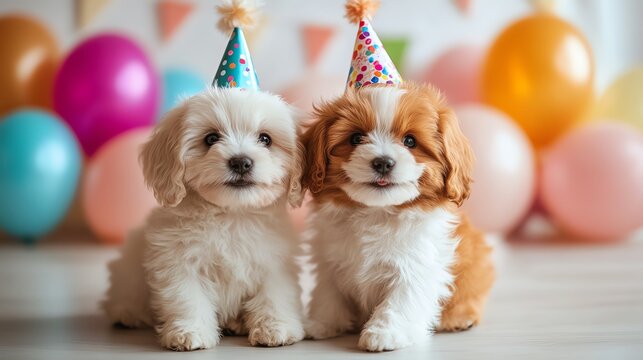 A Two fluffy puppies wearing party hats sitting amidst balloons and party decorations