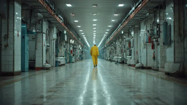 Worker in yellow protective suit walking through empty industrial factory or processing plant corridor with machinery and overhead pipes