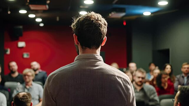 Public speaker engages audience during interactive question and answer session, Public speaker takes questions from the audience