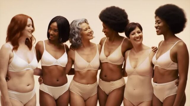 Six women of various ethnic backgrounds proudly display their natural bodies. This empowering moment highlights body positivity and diversity in style and self-acceptance