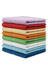 A neat stack of seven freshly folded soft terrycloth towels in vibrant rainbow colors (lavender, red, orange, green, white, light blue, dark blue) on an isolated clean white studio background,