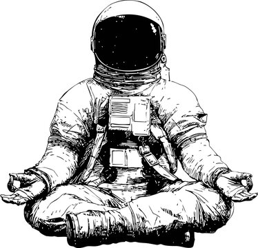 Astronaut in spacesuit meditating with crossed legs in sketch style. Vector illustration