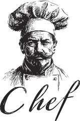 Black and white sketch of serious chef in hat with mustache. Vector illustration