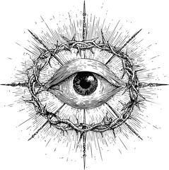 Obraz premium Intricate illustration of an all-seeing eye with thorns and radiating lines. Vector illustration