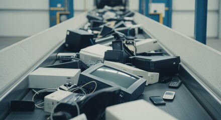 Recycling center conveyor loaded with old electronic devices awaiting dismantling.