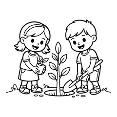 Vector art of two happy children planting a small tree together in the garden