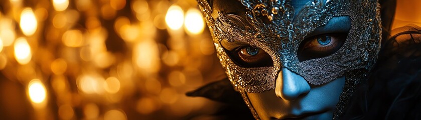 Vampire in masquerade mask under chandeliers