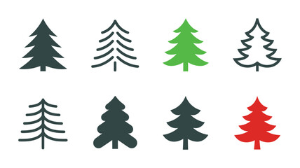 Vector art of a set of eight christmas trees in green, red, dark green, and outline styles