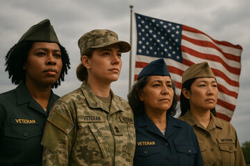 Diverse women veterans standing proud in uniform with american flag