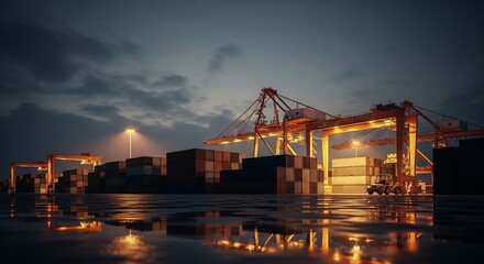 Obraz premium Golden cranes stand guard over shipping containers on a wet and reflective night, ready for logistics.
