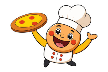 Cheerful Chef with Pizza: A cartoon chef, radiating warmth and culinary expertise, presents a delectable pizza with vibrant toppings, conveying the joy of food and the artistry of cooking.