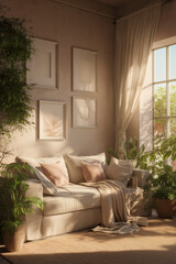 Naklejka premium Serene indoor scene with natural light, plants, sofa, and minimalist wall art; cozy and inviting space.