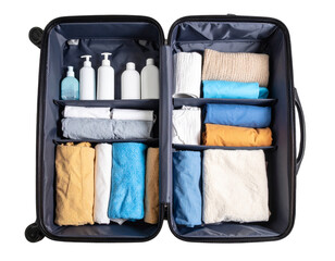  Opened Suitcase with Organized Clothes and Accessories, Top-Down View, Transparent PNG