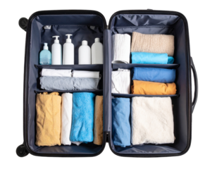  Opened Suitcase with Organized Clothes and Accessories, Top-Down View, Transparent PNG