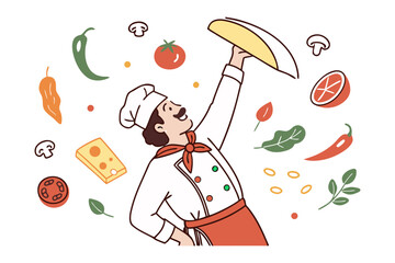 A Chef's culinary expertise: A skilled chef artistically tosses pizza dough, surrounded by fresh, vibrant ingredients that represent the art of gastronomy and the love of food.