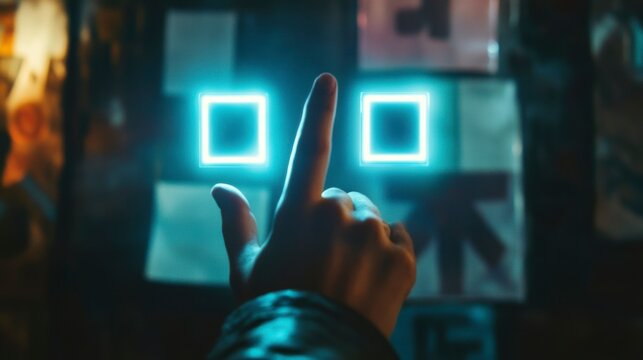 Hand interacting with glowing neon squares on a dark background.