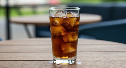 A tall glass filled with cola and ice cubes sitting on a wooden table in an outdoor setting scene view