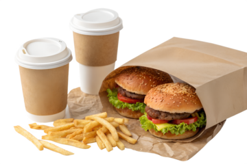 Two delicious burgers with french fries and coffee cups in a paper bag isolated on transparent background
