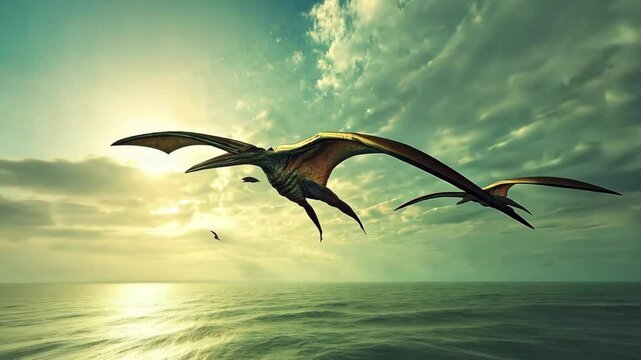 Pteranodon reptiles soaring over ancient seas during the Cretaceous period, Pteranodon reptiles fly Over Ancient Seas, prehistoric Cretaceous Era