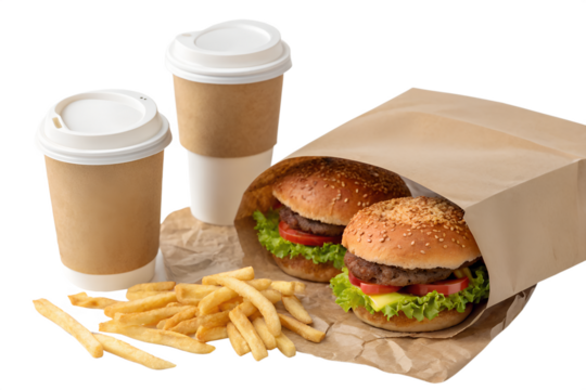 Two delicious burgers with french fries and coffee cups in a paper bag isolated on transparent background