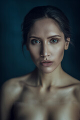 Portrait of beautiful woman posing with serious expression on dark background