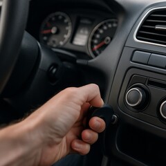 Fototapeta premium Hand inserting car key into ignition dashboard and steering wheel visible