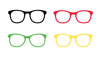 Vector art of four pairs of colorful eyeglasses in black, red, green, and yellow