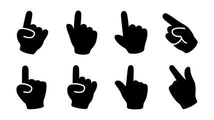 Vector art of a set of eight black hand cursor icons showing various pointing gestures