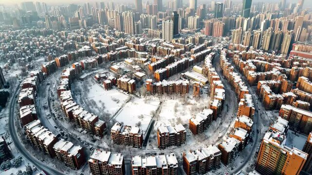 Snow-covered aerial view of Shanghai's unique cityscape showcasing modern architecture and urban design, Aerial view of the cityscape of Shanghai City, China Shikumen in winter