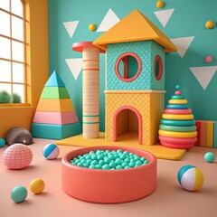 Colorful indoor play space with toy house ball pit pyramid and various vibrant toys for children