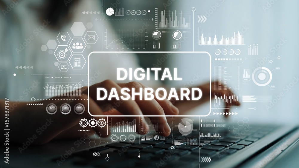 Poster hands typing on keyboard with digital dashboard display and data visualizations in modern workplace 