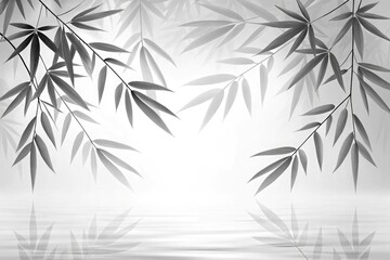 Monochrome Bamboo Leaves Over Water Reflection with Natural Light and Shadow Effect