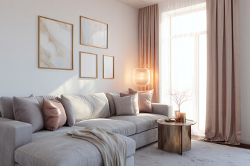 Fototapeta premium Neutral living room with soft textures and natural light. Warm inviting space.