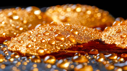 Close-up of golden leaves with water droplets on a dark surface showcasing natural beauty and texture
