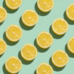 Obraz premium top view of lemon slices arranged in geometric grid on pastel background, minimal shadows, clean layout, food design style